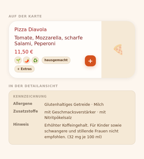 Bestellseite mit Gericht, Symbolen und Kennzeichnung