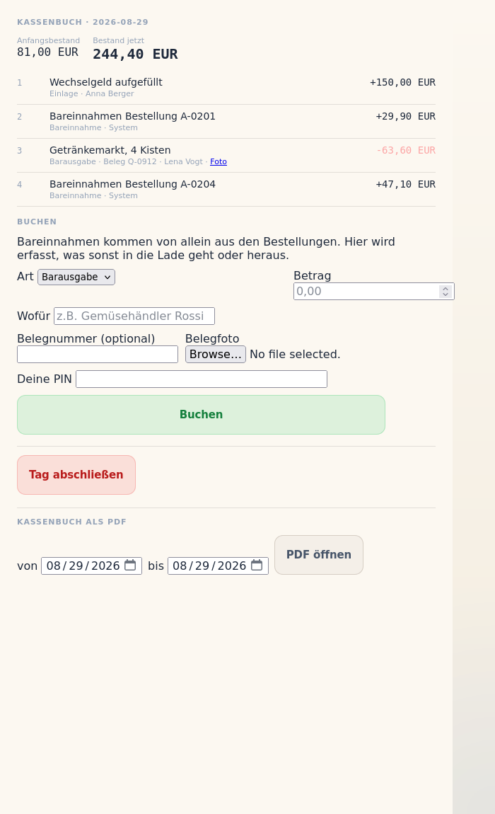 Kassenbuch in der Station