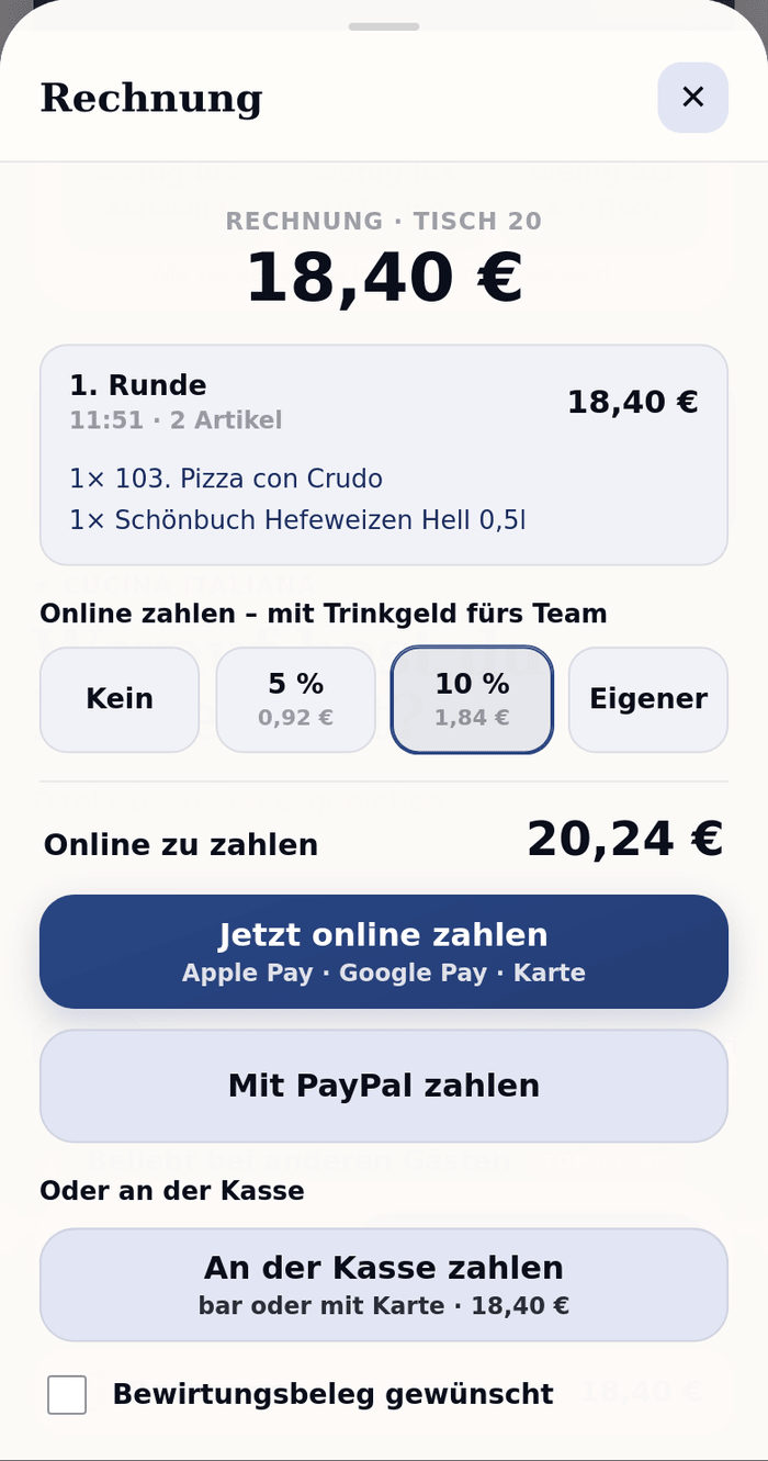 Tischrechnung auf dem Handy des Gastes